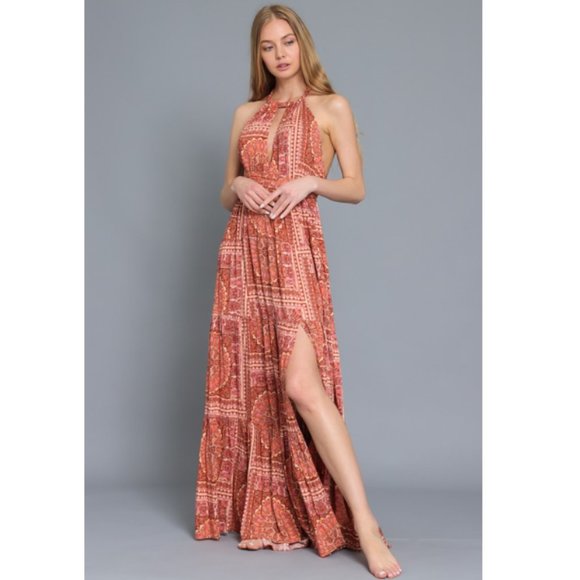 Aakaa Brick Twist Tie Back Tiered Bohemian Maxi Dress DA28082Y - Picture 4 of 12